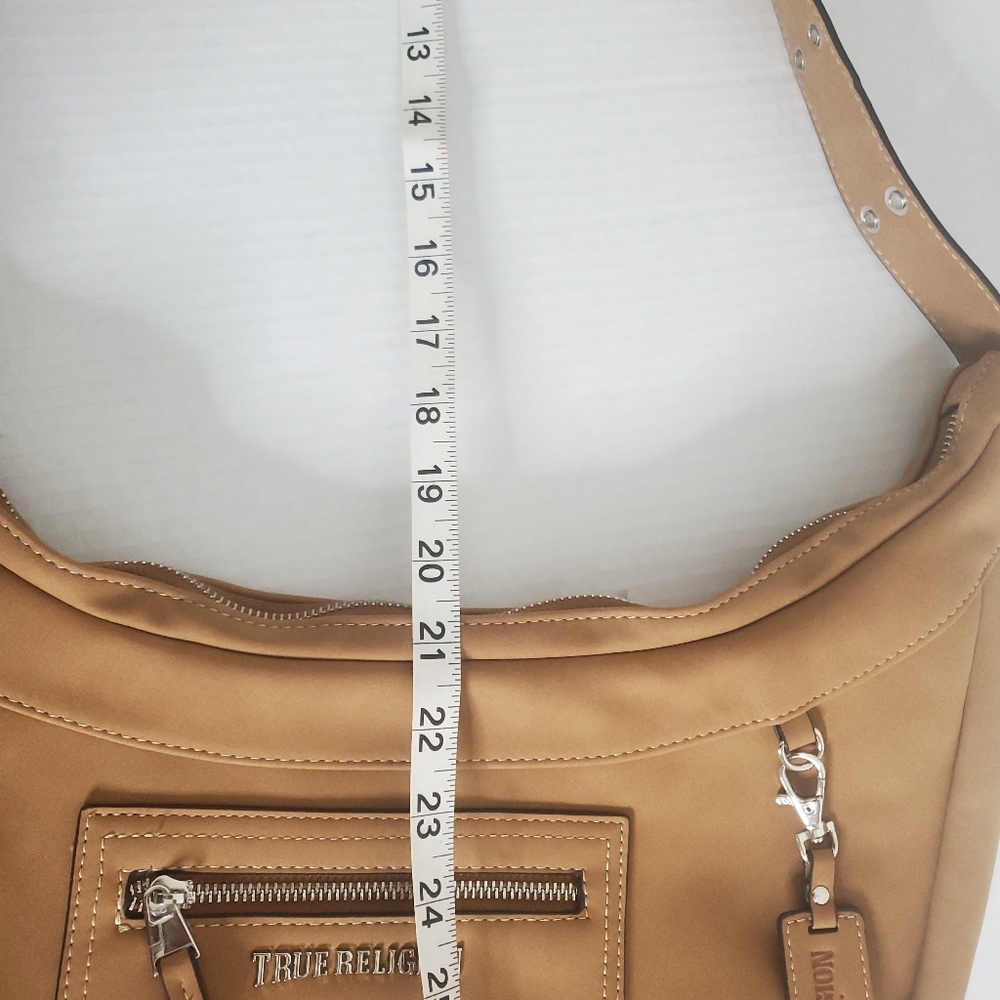True Religion Suede PU Hobo Crossbody Bag Tan Adjustable Strap Zip Top Y2k Urban - Picture 8 of 15